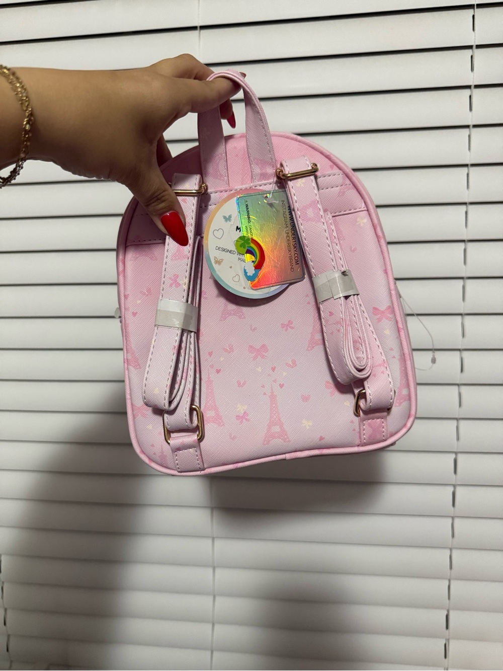 Kids Pink Mini Backpack with Gold Chain and Pom Pom - Picture 3 of 4